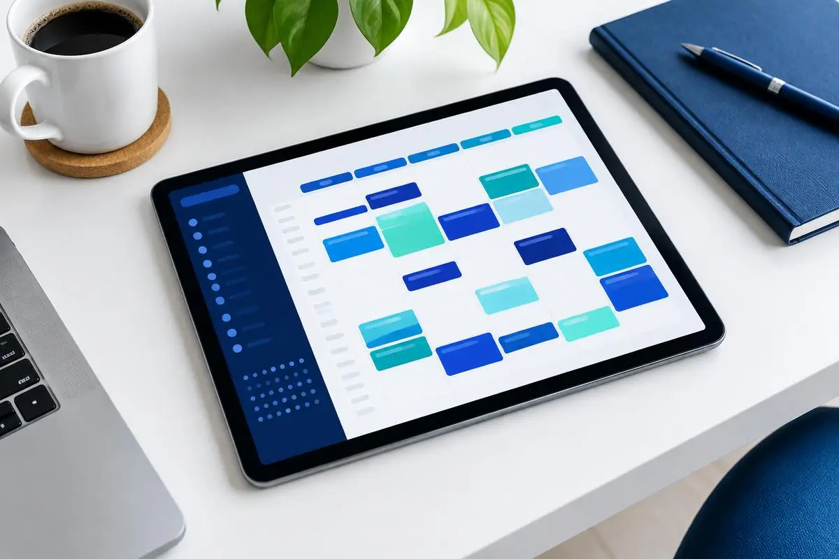 Tablet showing a calendar schedule on a clean office desk