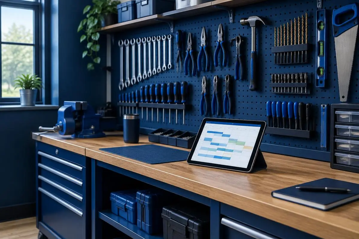 Organized workshop with labeled tool walls and a tablet showing a schedule