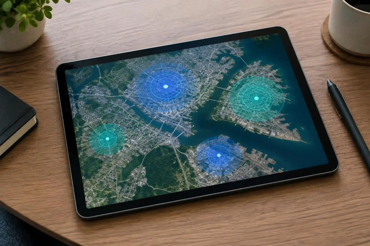 Tablet showing a map with highlighted target area circles on a desk