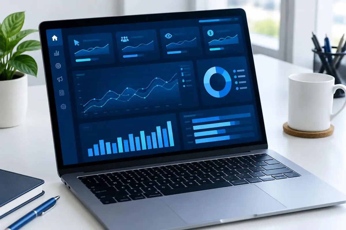 Laptop showing an ads dashboard with charts and budget graphs, navy tones