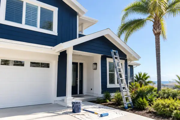 Freshly painted navy and white home exterior with a ladder and paint roller
