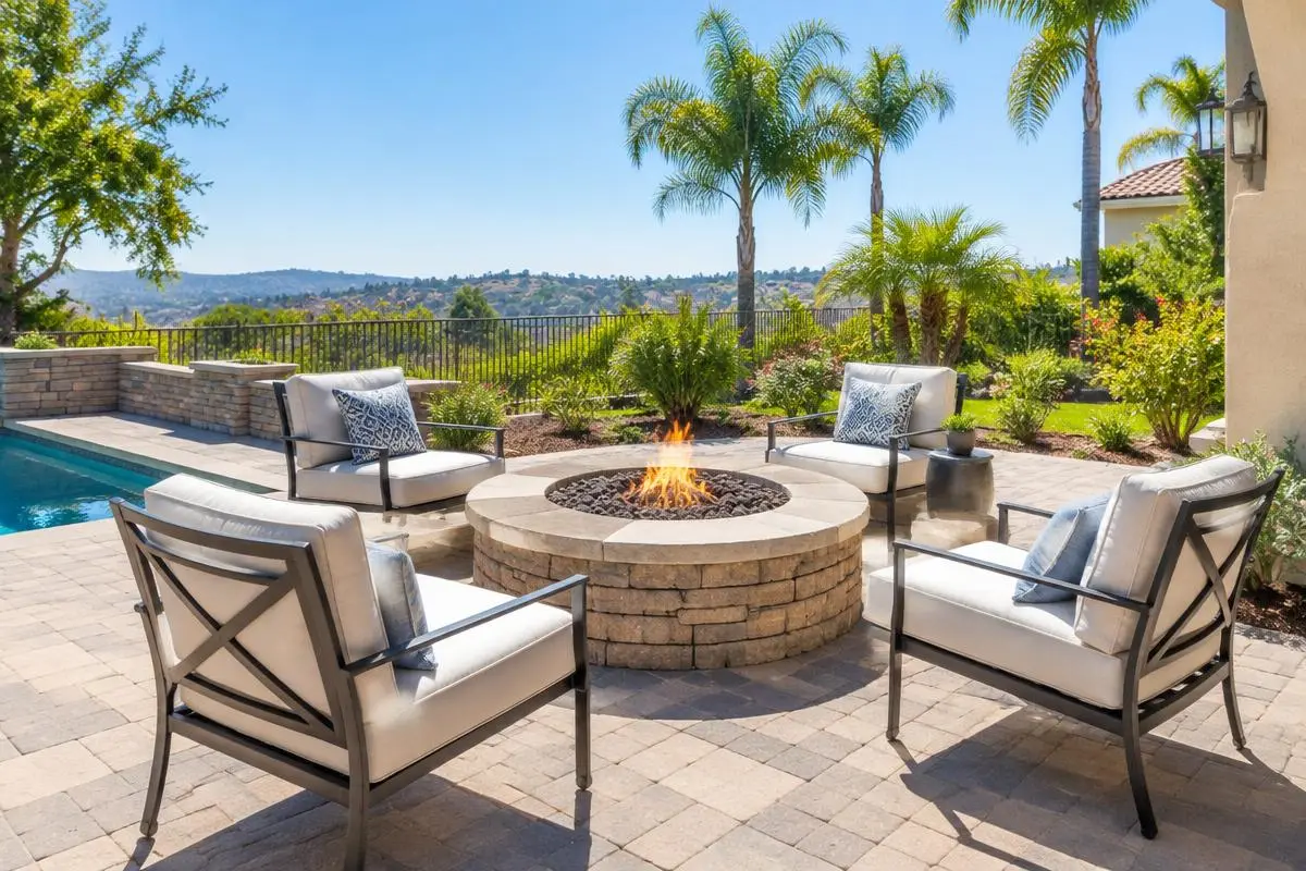 Paver patio with a stone fire pit and lounge chairs in a hillside backyard