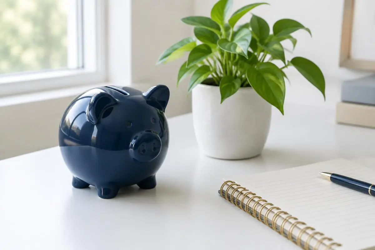 Piggy bank and a small plant on a white desk beside a notebook