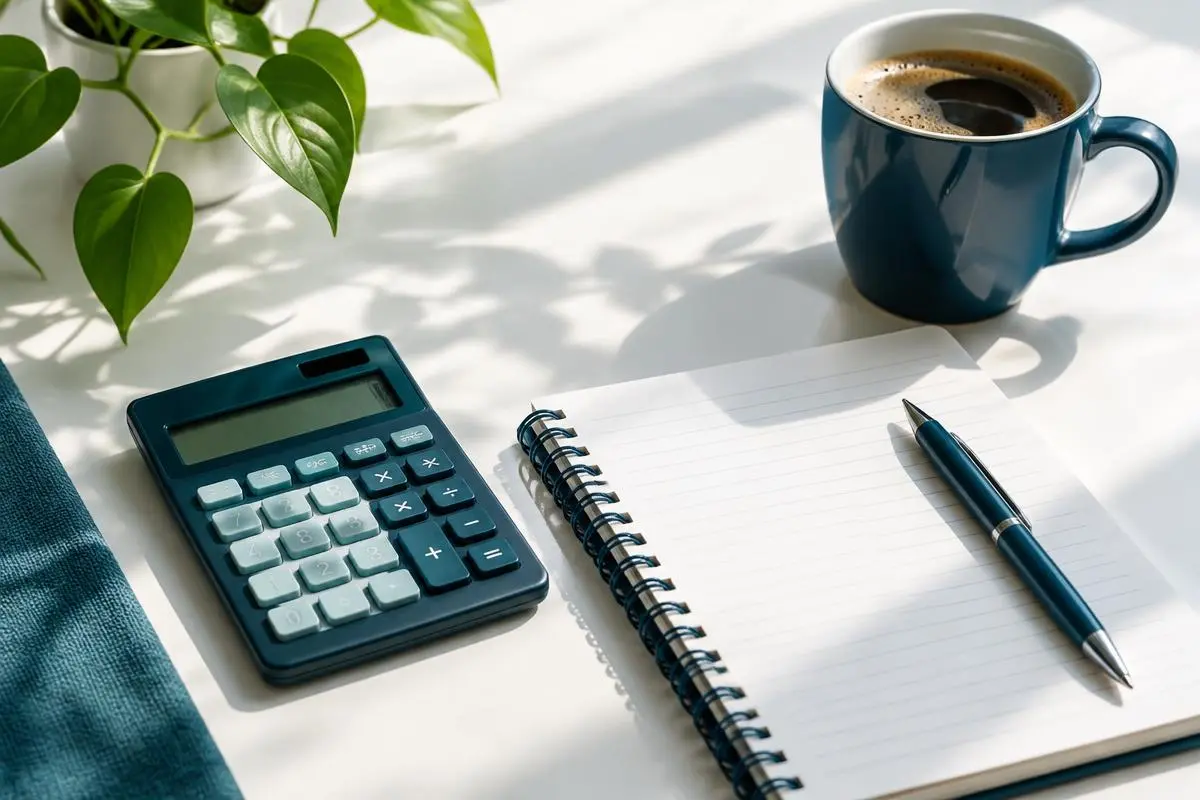 Calculator, notebook and coffee on a sunny table