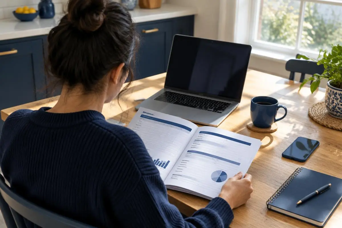 Person from behind reading a budget workbook at a kitchen table with a laptop