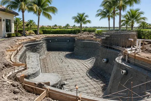 New backyard pool shell with rebar under construction
