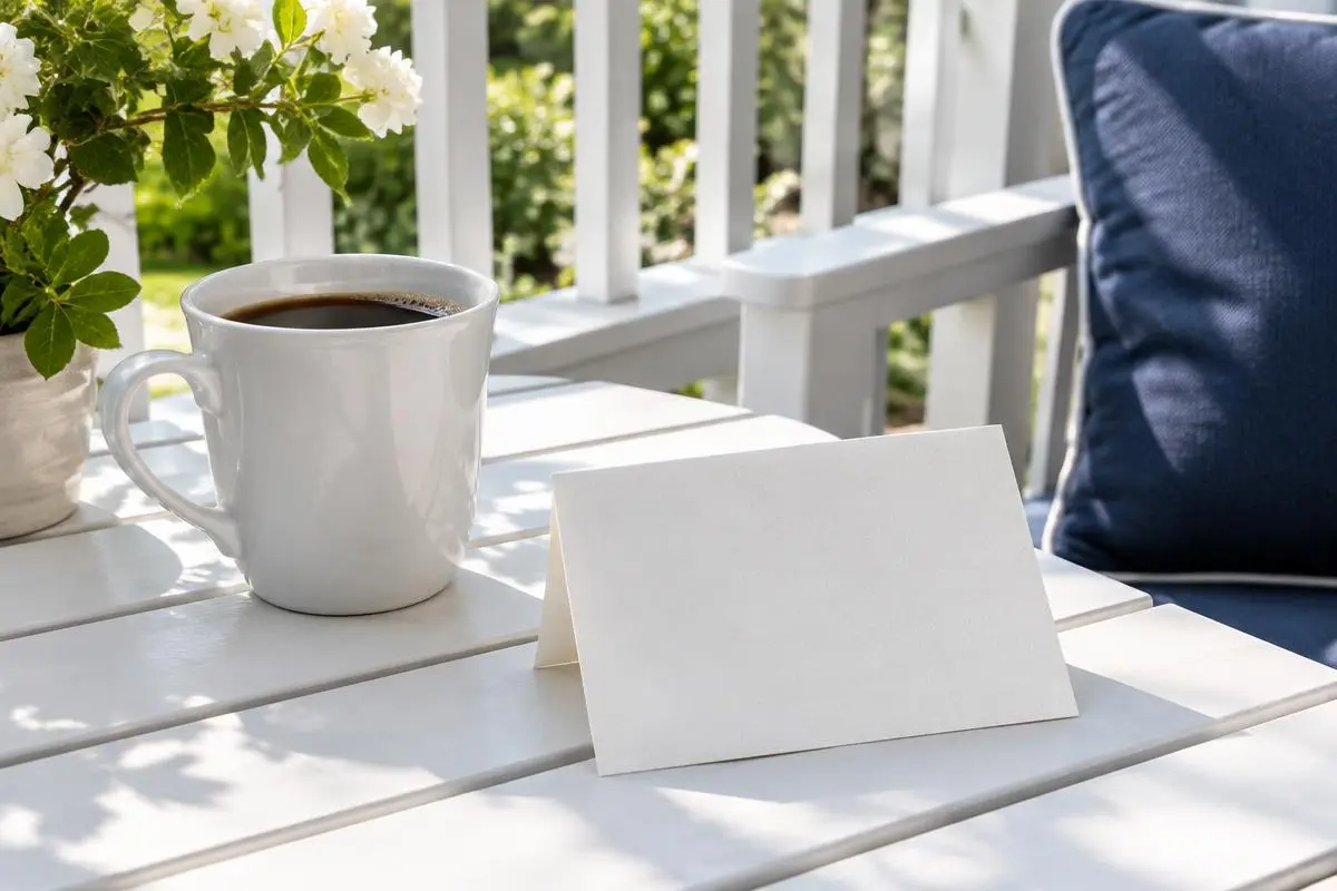 Thank you card and a coffee cup on a sunny porch table