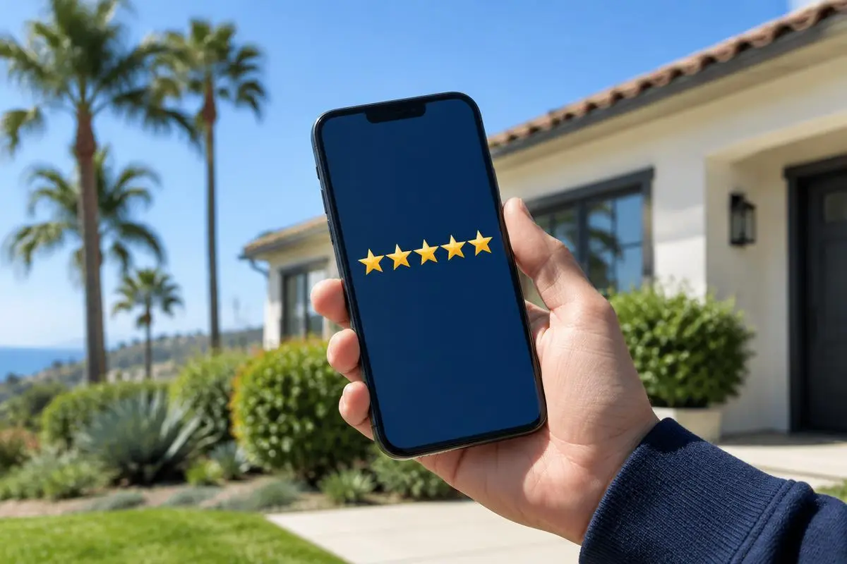 Smartphone showing a star review screen held by a hand outside a home