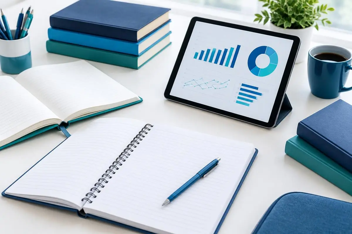 Cuadernos, libros y una tableta con gráficas sobre un escritorio luminoso