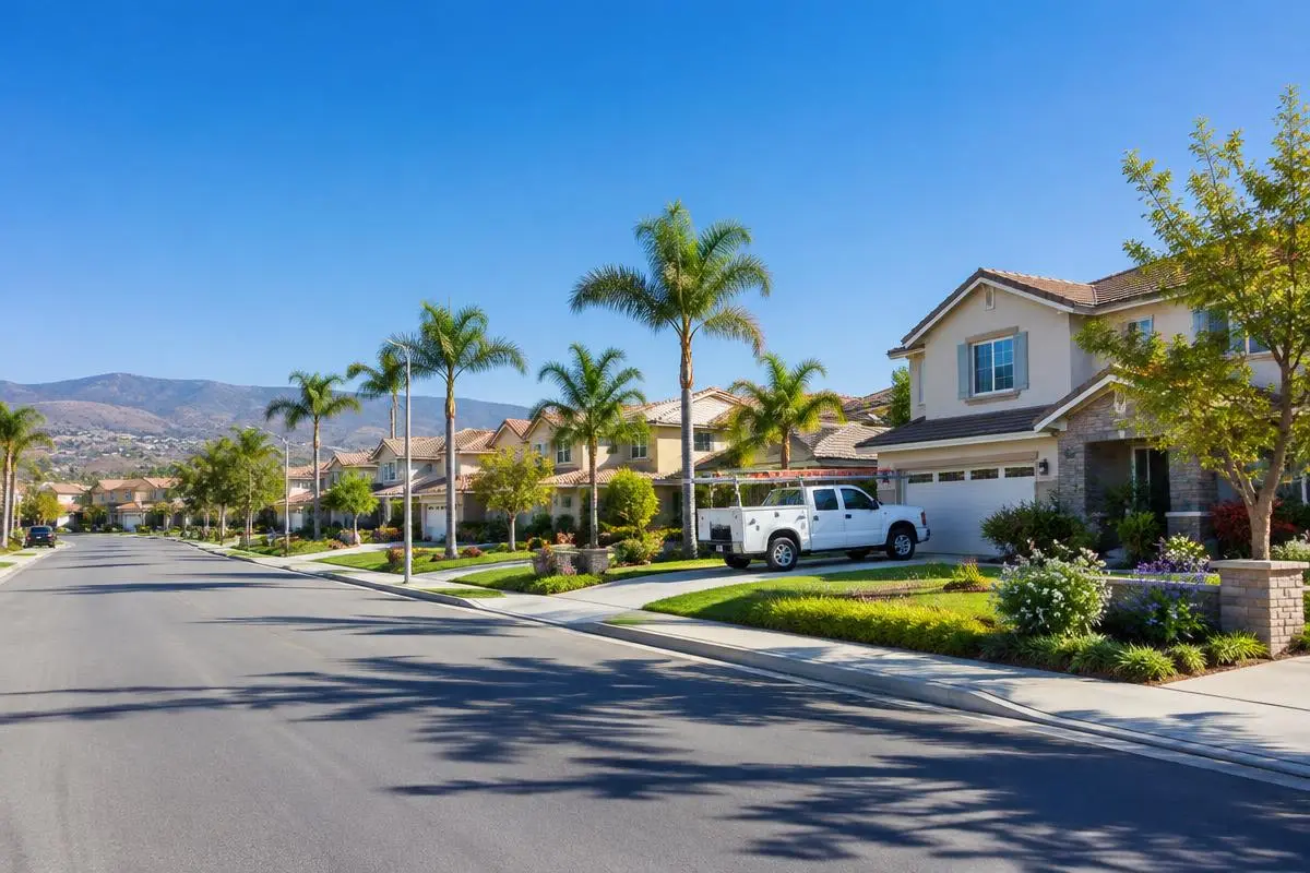 Sunny Southern California neighborhood with a contractor truck parked in a driveway