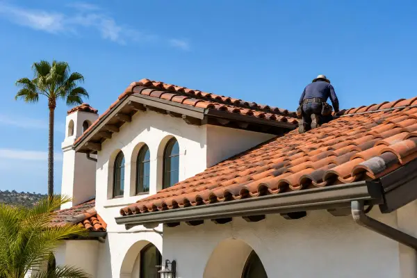 Roofer installing clay tiles on a Spanish style Southern California home