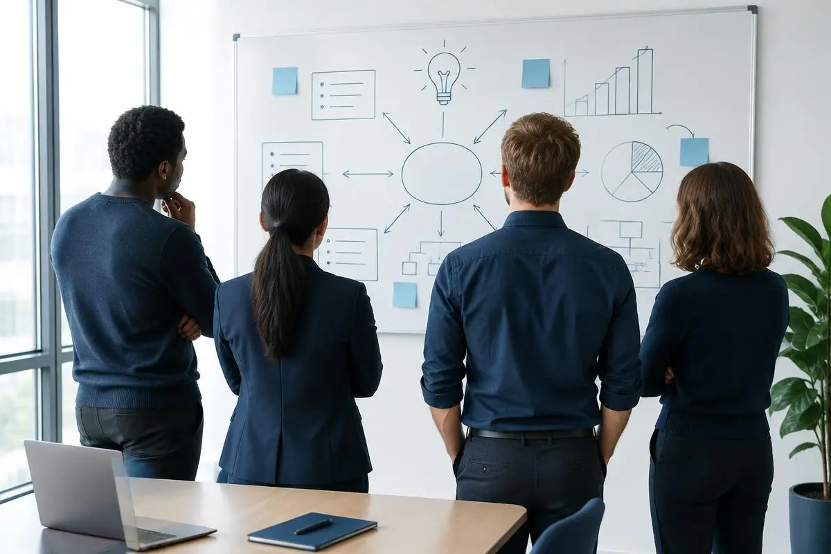 Small team seen from behind in a bright meeting room looking at a whiteboard strategy