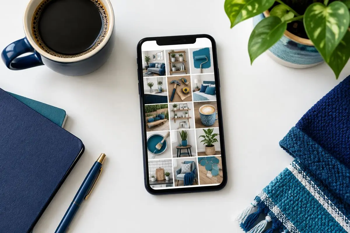 Flat lay of a phone showing a photo grid feed, coffee and plants on white desk