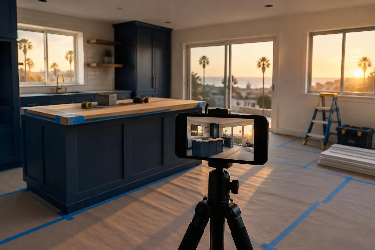 Smartphone on a tripod filming a tidy job site at golden hour