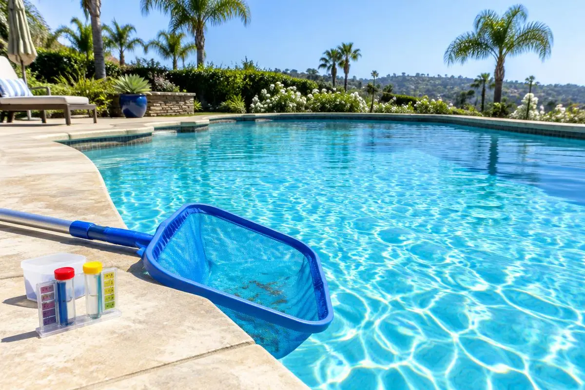 Pool skimmer net and water test kit beside a clear backyard pool