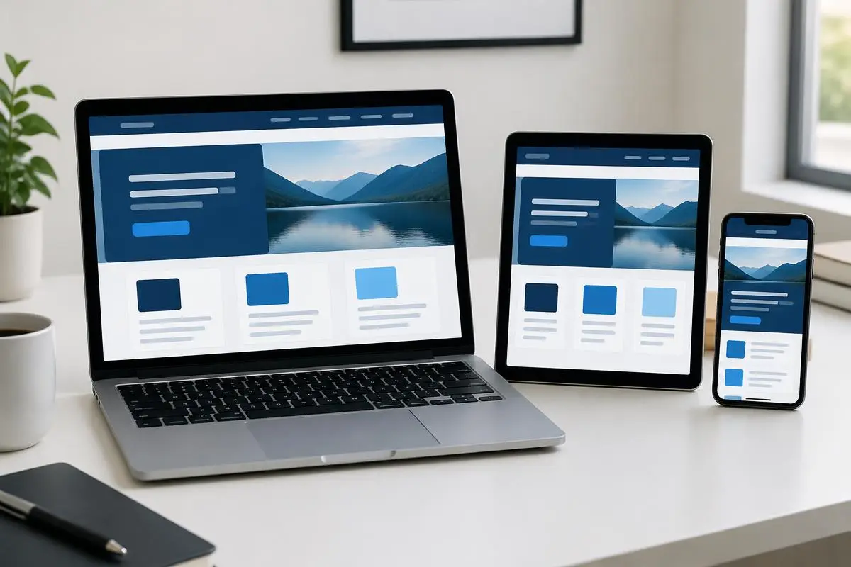 Laptop, tablet and phone on a desk showing the same clean website layout