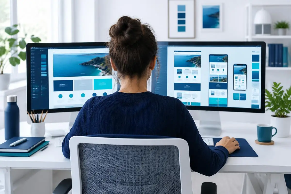 Designer seen from behind working on a website layout across two monitors in a bright studio