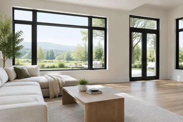 Large black framed windows and patio doors in a bright living room